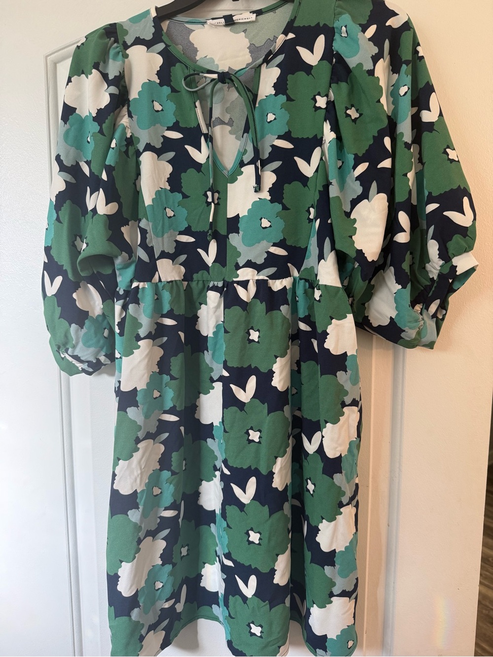 Green Floral Puff-Sleeve Mini Dress with Tie Neck